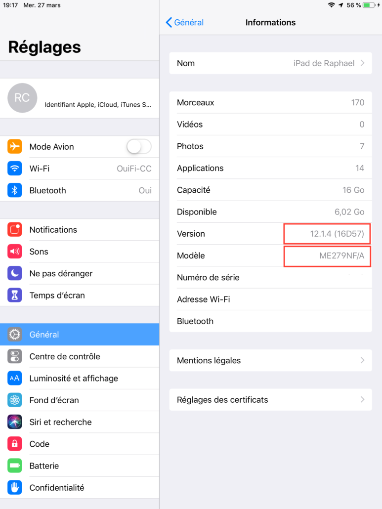 Version du système iOS et numéro de modèle iPhone