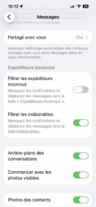 Ecran iOs des réglages de l'application Messages