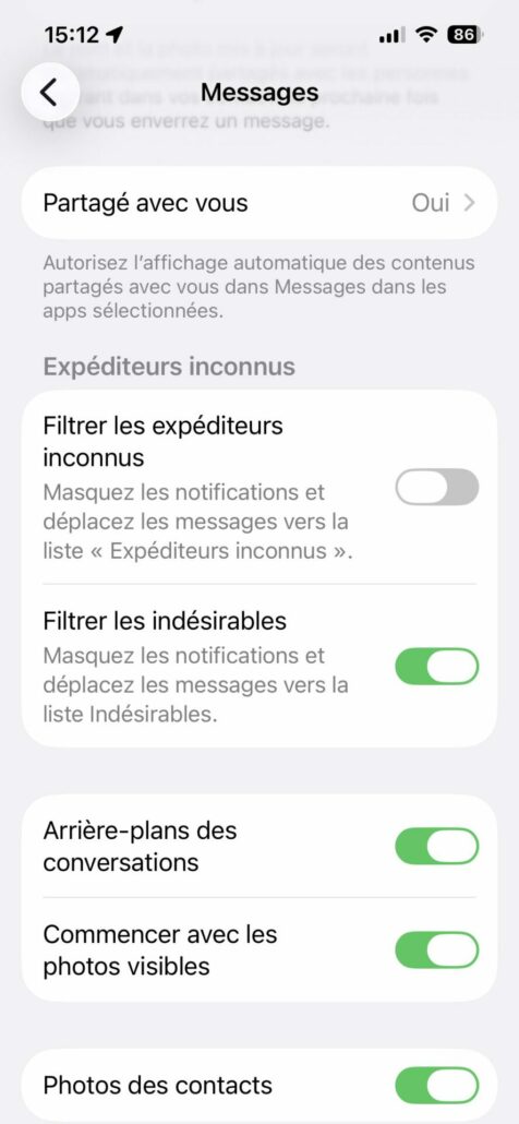 Code de validation Apple n'arrive pas par SMS. Fenetre iOS. Réglages > Applications > Messages > Filtrer les expéditeurs inconnus
